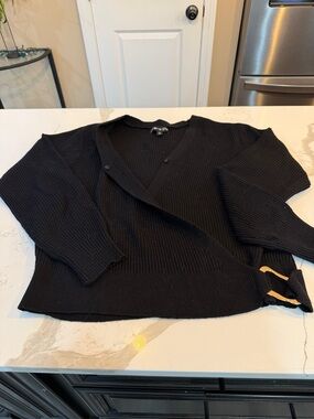 Woman’s Black Knit V-Neck Wrap Sweater with Gold Buckle Detail Medium